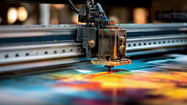 Closeup on the printer head smoothly applying colorful ink on the poster material