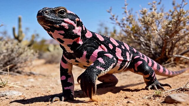 Pink and black spotted lizard in desert