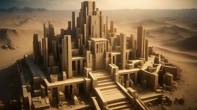 Mysterious Ancient Lost City Ruins in a Vast Desert Landscape.