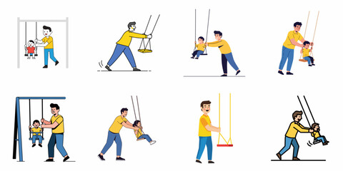 Fototapeta premium Set of vector illustrations showing dads pushing happy kids on playground swings, highlighting family bonding, fun, and outdoor activities.