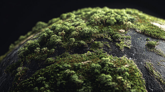 A close-up shot of a small, textured sphere covered in moss. The moss is vibrant green