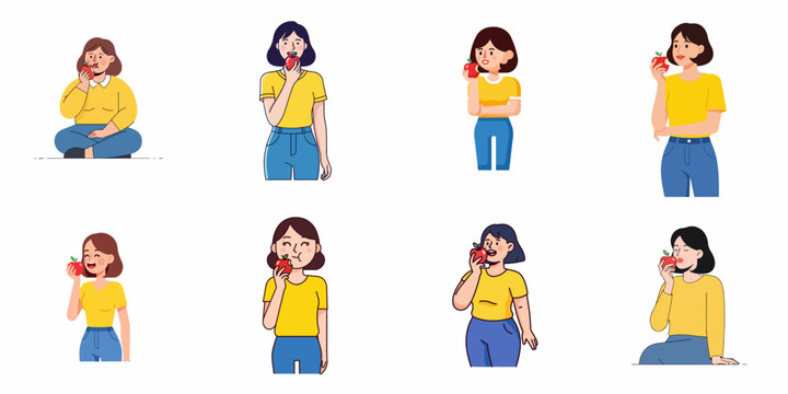 Set of vector illustrations depicting young women enjoying eating fresh red apples, promoting healthy lifestyle, diet, and nutrition.