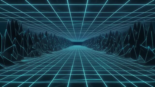 Retro Futuristic Digital Grid Landscape with Neon Lines Animation.