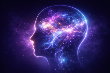 Obraz premium Vibrant mindupload concept showcases silhouette of human head filled with cosmic colors and swirling galaxies, symbolizing creativity