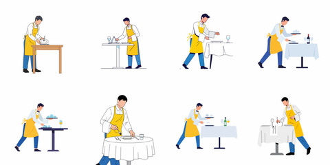 Naklejka premium Set of vector illustrations depicting a waiter or restaurant worker preparing tables, setting dinnerware, and serving food and beverages.