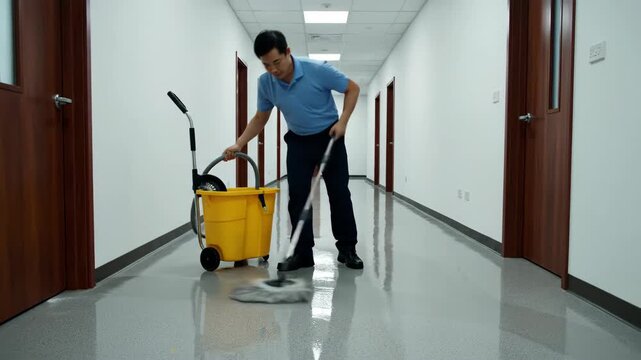 Janitor mops a highly polished speckled commercial hallway with dark wood doors