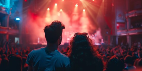 Obraz premium Concert crowd enjoying a live performance with a band on stage illuminated by vibrant stage lights creating an energetic atmosphere