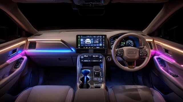Medium framing of a dashboard illuminated by colorful LED lighting showcasing futuristic interior ambiance and innovative customization trends.