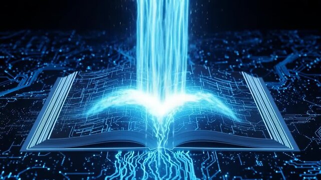 Digital Book Glowing With Light Opens On Circuit Board With Light Energy Flowing Out Knowledge Transfer For Education Technology Learning