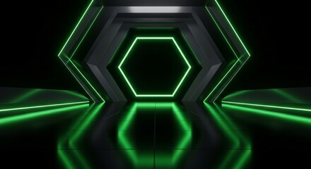 Futuristic Hexagonal Tunnel Entrance With Neon Green Lights Reflecting On A Wet Floor