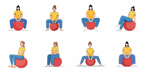 Fototapeta premium Woman Sitting on Exercise Ball Poses Set: Fitness, Prenatal, and Stability Movements Illustration Collection.