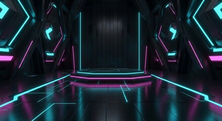Futuristic Neon Corridor With Pink And Cyan Lights And A Central Podium