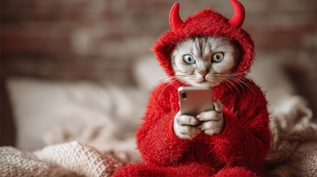 Cat in red devil costume holding smartphone eye contact transparent background