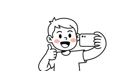 Obraz premium Happy Cartoon Boy Taking Selfie with Smartphone, Thumbs Up Gesture. Line Art Illustration of Young Person with Mobile Phone.