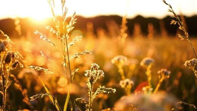 Warm sunlight filters through a field of tall grass and wildflowers at sunset with a shallow depth of field