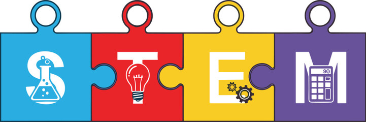 Obraz premium Colorful STEM puzzle pieces with icons for Science, Technology, Engineering, and Mathematics, representing integrated education, innovation, and academic disciplines in modern learning.