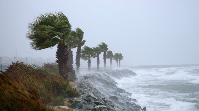 Stormy coastal landscape palm trees in windy conditions and raging sea