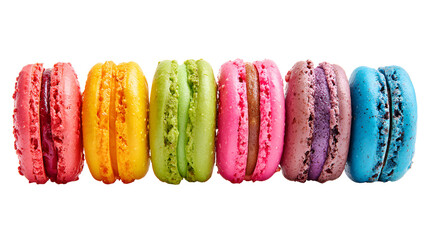 Colorful macarons row vibrant pastel dessert isolated on white background food photography