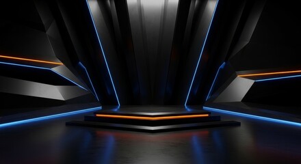 Futuristic Stage With Blue And Orange Neon Lights And A Dark Reflective Floor