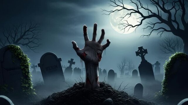 Zombie Hand Reaching Up From Grave In Spooky Graveyard At Night Illuminated By Full Moon For Halloween Themes