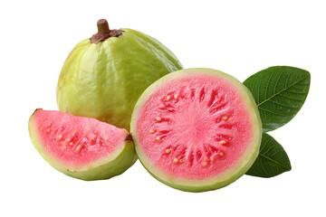 Fresh whole and sliced pink guava fruit with green skin isolated on white background