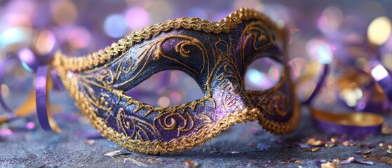 Naklejka premium Venetian mask with shiny streamers and bokeh lights at a carnival party for celebration and disguise