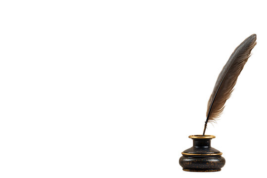 Vintage quill pen in inkwell on blank parchment for writing and calligraphy