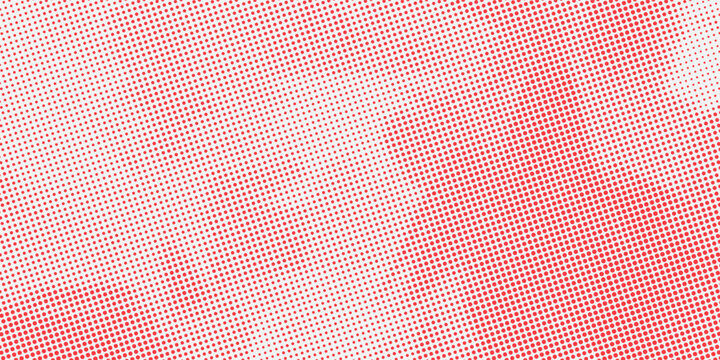 Red color halftone gradient texture. Vanishing cartoon polka dot background. Repeating dotted gradation pattern. Fading comic pop art overlay backdrop. Raster halftone effect wallpaper.