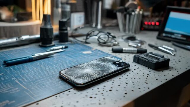 Medium shot of a workspace with a cracked phone screen being swapped for a new one capturing the repair environment and professional setup.