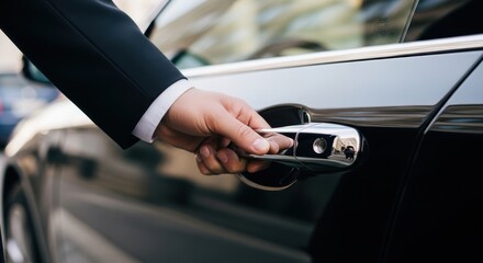 The professional hand of a man in a dark suit reaches for the sleek handle of a black luxury car in a high-contrast close-up shot, emphasizing premium service.
