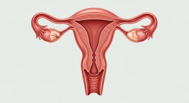 A realistic anatomical illustration clearly displaying the internal structure of the female reproductive system, highlighted by detailed pink tones on a clean white background.
