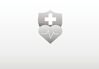 Obraz premium Minimalist medical shield and heart icon on grey gradient background