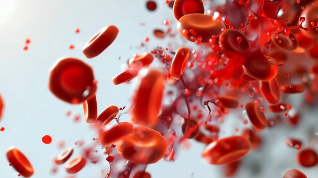 Closeup red blood cells in motion, D rendered erythrocytes and plasma droplets cascade through capillarylike channel, vivid red tones with particle scattering and shimmer, energetic