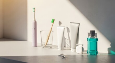 Serene, sunlit bathroom counter displaying a neat arrangement of essential oral hygiene tools for a calming daily routine, wood, health, Toothbrush