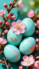 Fototapeta premium Easter eggs with bright splashes surrounded by pink cherry blossoms on a turquoise background