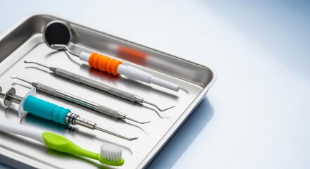 Dedicated dental tools for careful pediatric treatments arranged on a sterile tray, highlighting safety protocols and specialized gentle methods, expertise, gentle, clinic