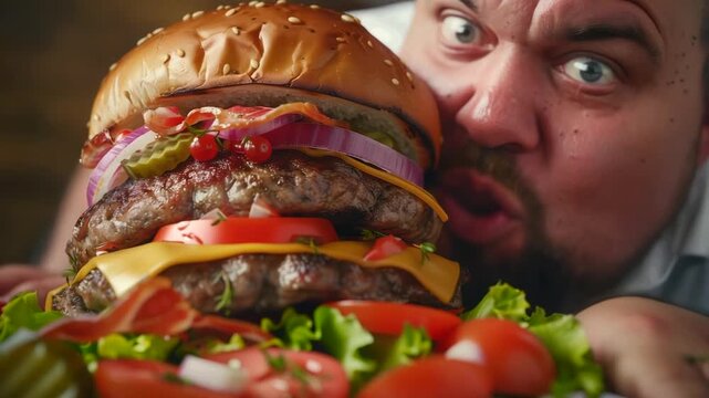 white man devouring oversized burger, food blogger challenge scene with tongue out, stacked double patties, melted cheese, pickles, red onion, fresh lettuce and cherry tomatoes, wooden table