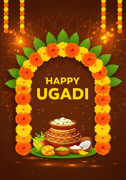 Happy Ugadi Celebration with Floral Arch and Traditional Dish