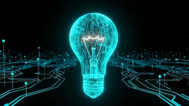 Glowing Digital Lightbulb In Tech Environment Innovation Ideas Circuit Board Lines Highlight The Shape On Dark Background For Tech Industry Science Brainstorming-themed Visuals