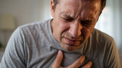 Man clutching chest in pain, experiencing chest pain and discomfort.