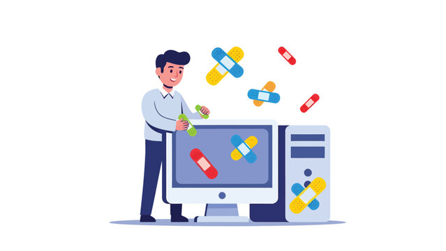 Cybersecurity concept: IT professional fixing computer with software patches. System update and maintenance illustration.