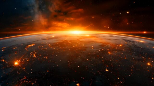 orbital sunrise over illuminated earth surface, glowing city lights and continental coastlines, atmospheric rim and scattered clouds, satellite perspective with warm orange dawn, sense