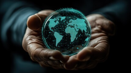 Close-up of hands cradling a digital sphere displaying Earth's continents