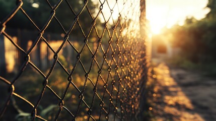 A close-up of a chain-link fence with sunlight streaming through the background