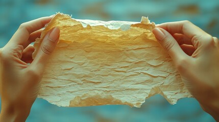 Close-up of hands delicately holding and examining a weathered, textured piece of parchment