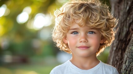 A young child with blonde curly hair, bright blue eyes, and a gentle smile, outdoors