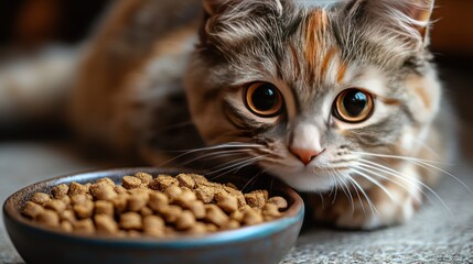 A close-up shot of a cat with large, expressive eyes and a bowl of dry food