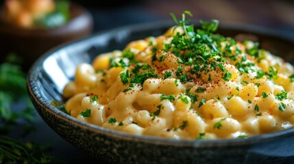 Close-up view of creamy mac and cheese with herbs in a textured bowl