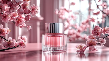 A transparent bottle of pink perfume sits amidst a profusion of cherry blossoms