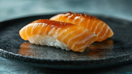Close-up studio shot of two pieces of salmon nigiri sushi on a dark gray plate